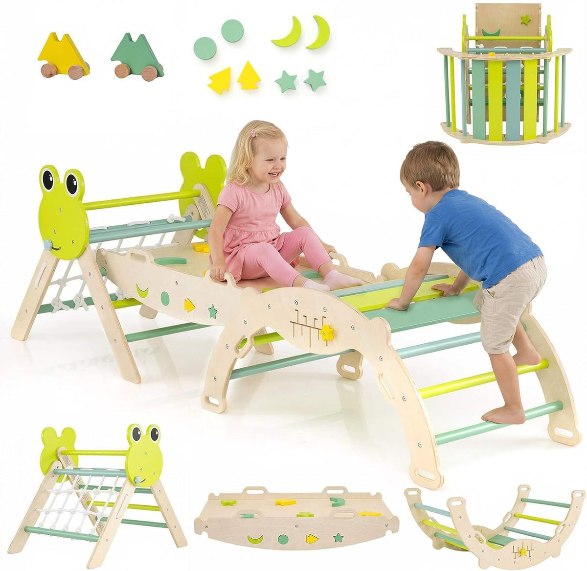 Foldable Montessori Climbing Toys w/Arch Climber, Reversible Ramp, Climbing Rope