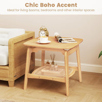 Bamboo Sofa Side Table with Faux Rattan Storage Shelf