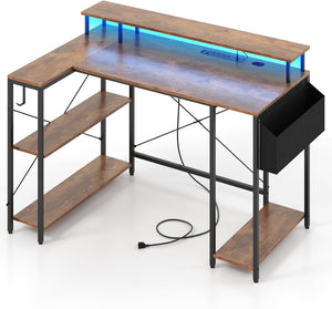 Giantex 120cm L-Shaped Gaming Desk, Computer Desk w/LED Lights & Power Outlets