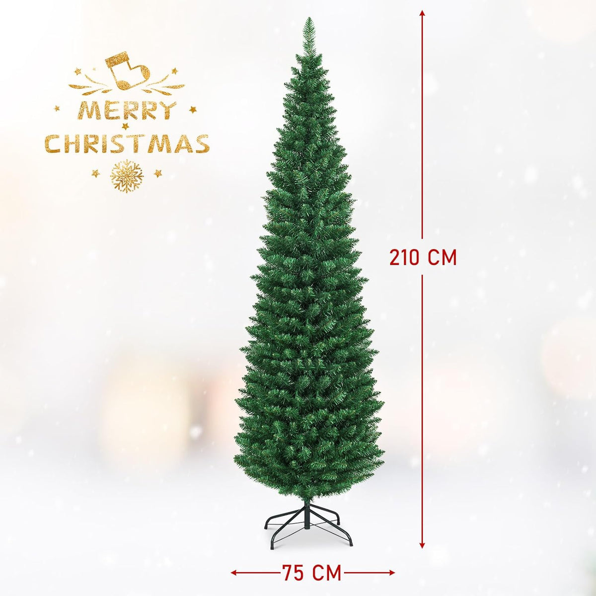 1.5/1.8/2.1/2.4/2.7 M Green Pencil Christmas Tree with 400 PVC Branch Tips and Foldable Sturdy Metal Stand
