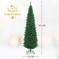 1.5/1.8/2.1/2.4/2.7 M Green Pencil Christmas Tree with 400 PVC Branch Tips and Foldable Sturdy Metal Stand