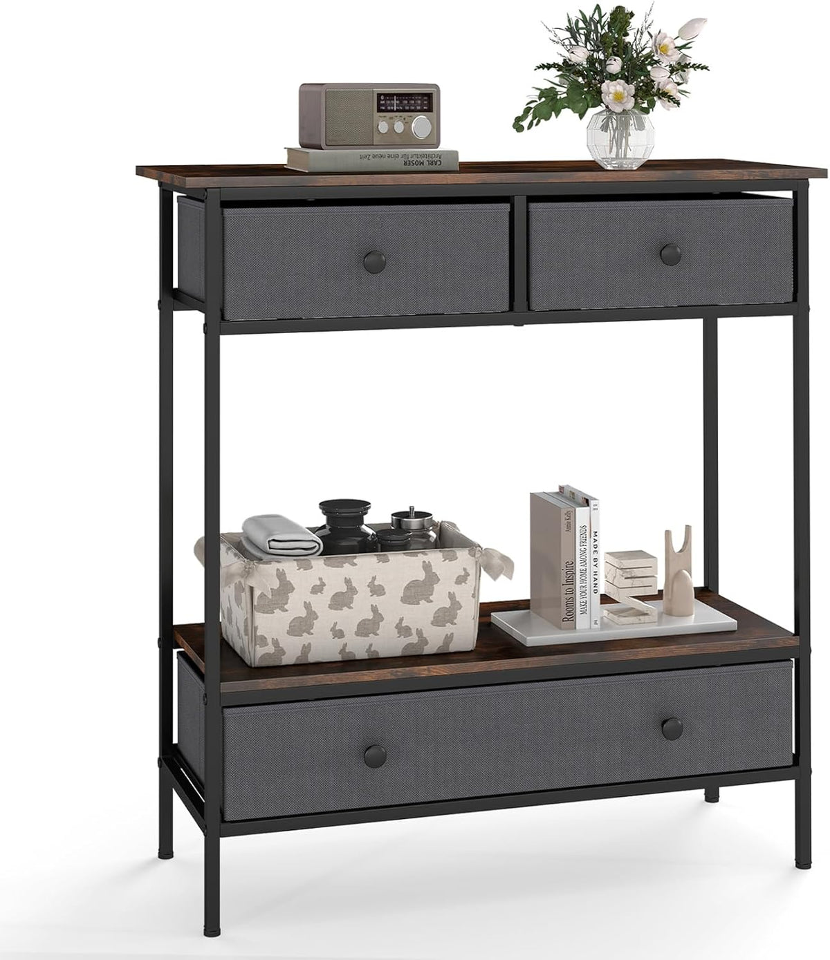 Console Table with Drawers Industrial Entryway Table with Open Storage Shelf