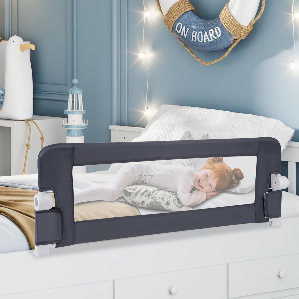 120 cm Bed Rail Guard for Toddlers, Universal Baby Fold Down Bed Rail w/Adjustable Safety Strap