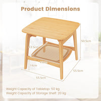 Bamboo Sofa Side Table with Faux Rattan Storage Shelf
