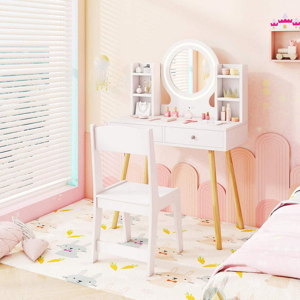 Wooden Kids Vanity Set, Princess Dressing Table and Chair Set with 2-Color Front Lit Mirror