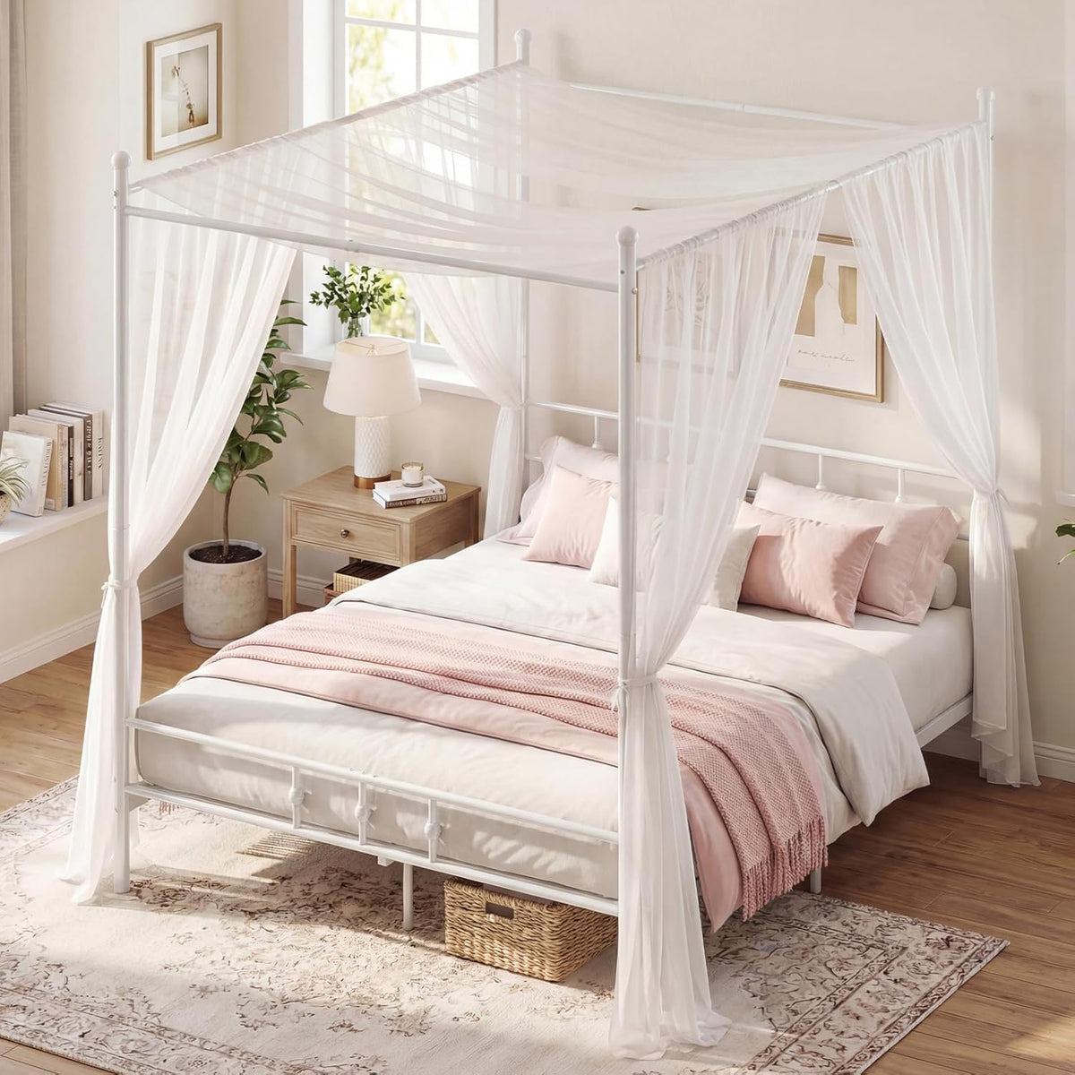 Canopy Bed Frame Modern 4-Poster Platform Bed with Headboard and Under-bed Storage