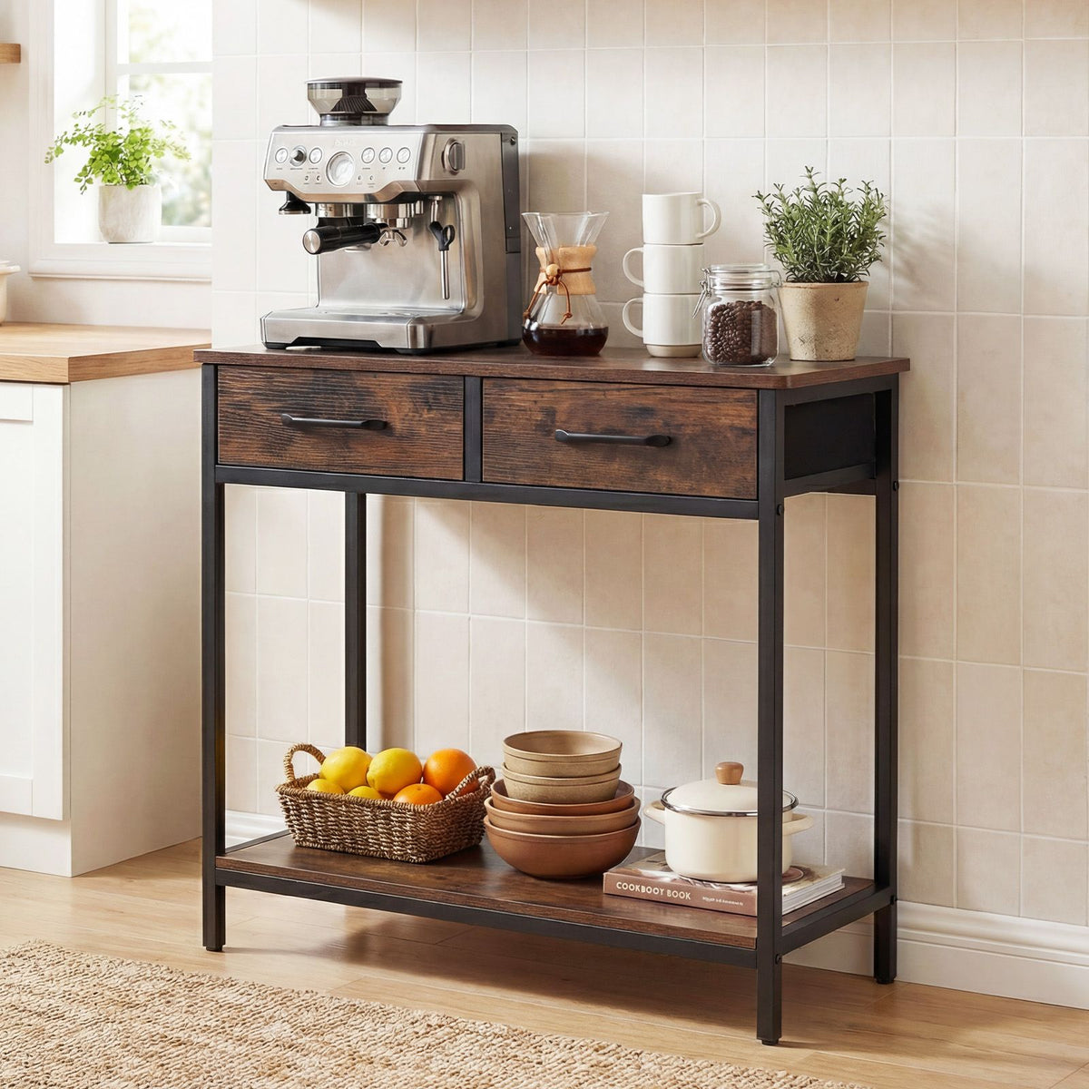 75CM Narrow Table with 2 Fabric Drawers and Open Compartment Metal Frame
