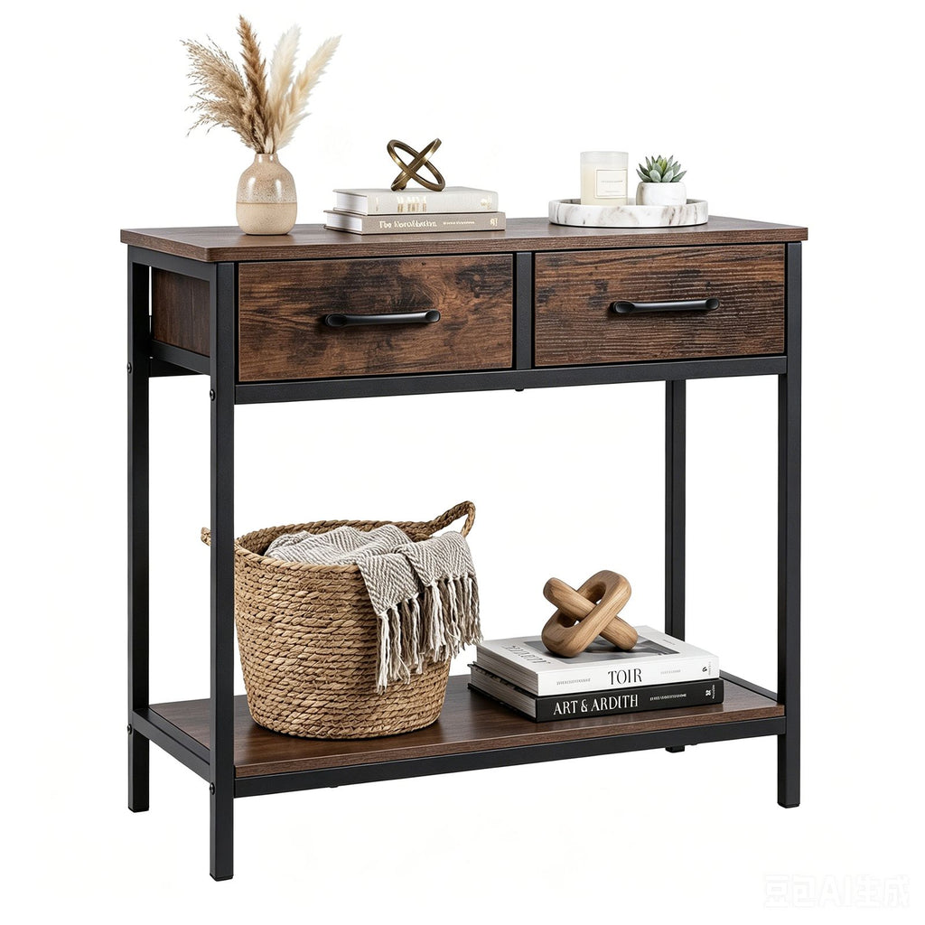 75CM Narrow Table with 2 Fabric Drawers and Open Compartment Metal Fra ...