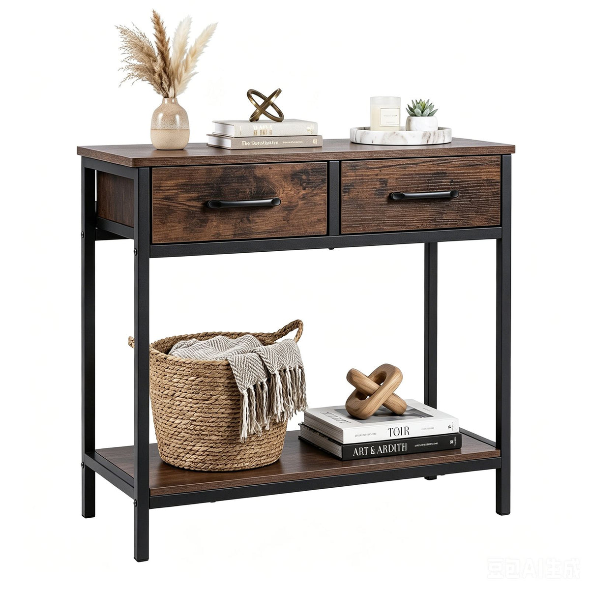 75CM Narrow Table with 2 Fabric Drawers and Open Compartment Metal Frame