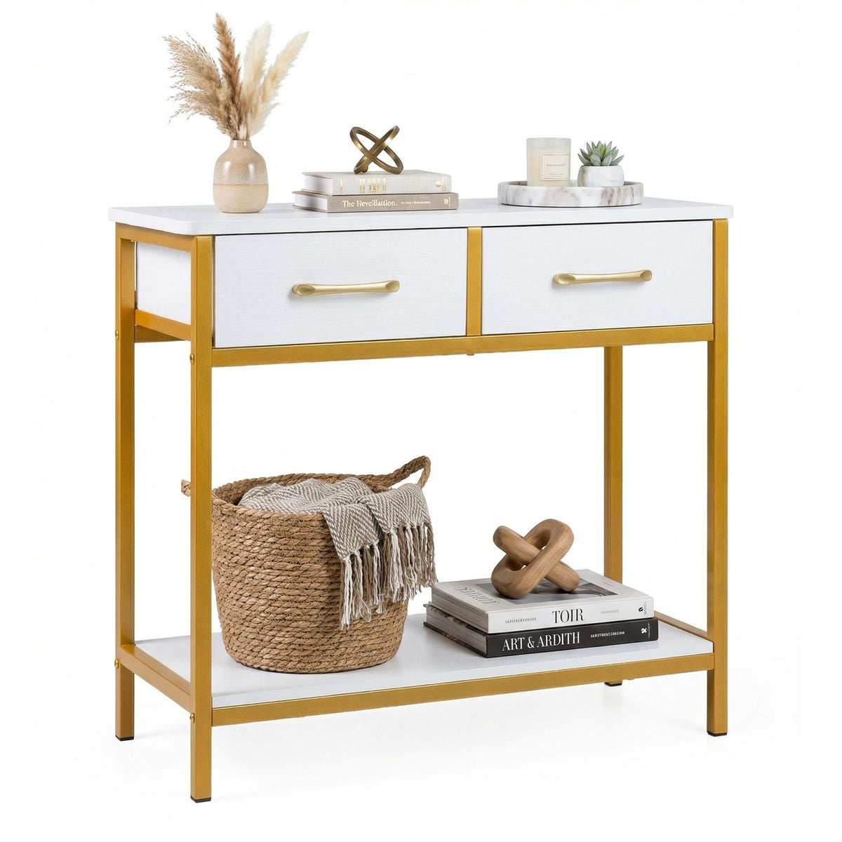 75CM Narrow Table with 2 Fabric Drawers and Open Compartment Metal Frame