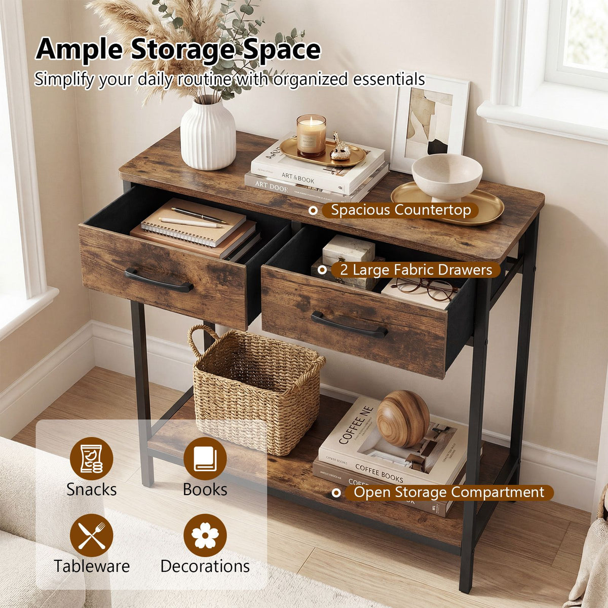 75CM Narrow Table with 2 Fabric Drawers and Open Compartment Metal Frame