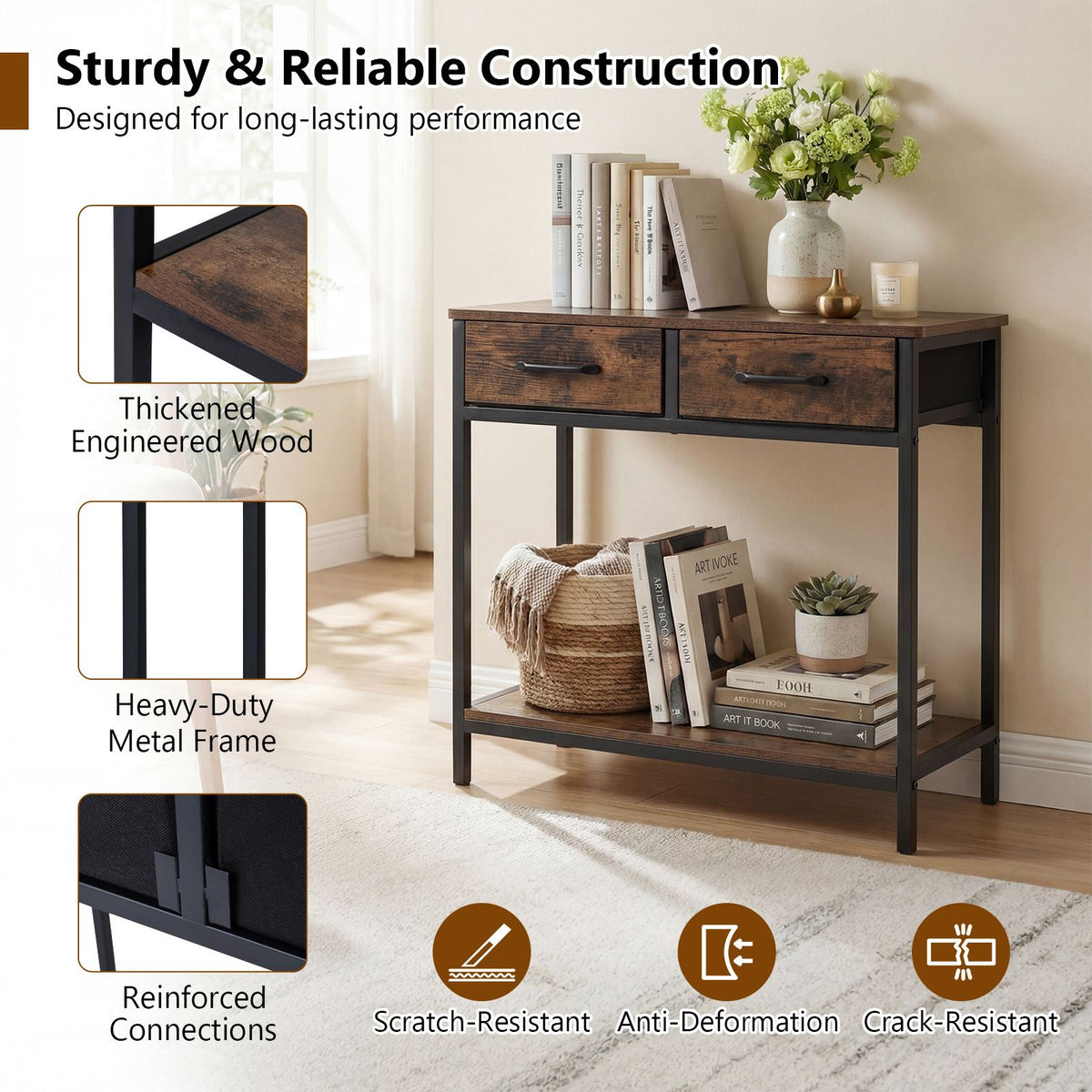 75CM Narrow Table with 2 Fabric Drawers and Open Compartment Metal Frame