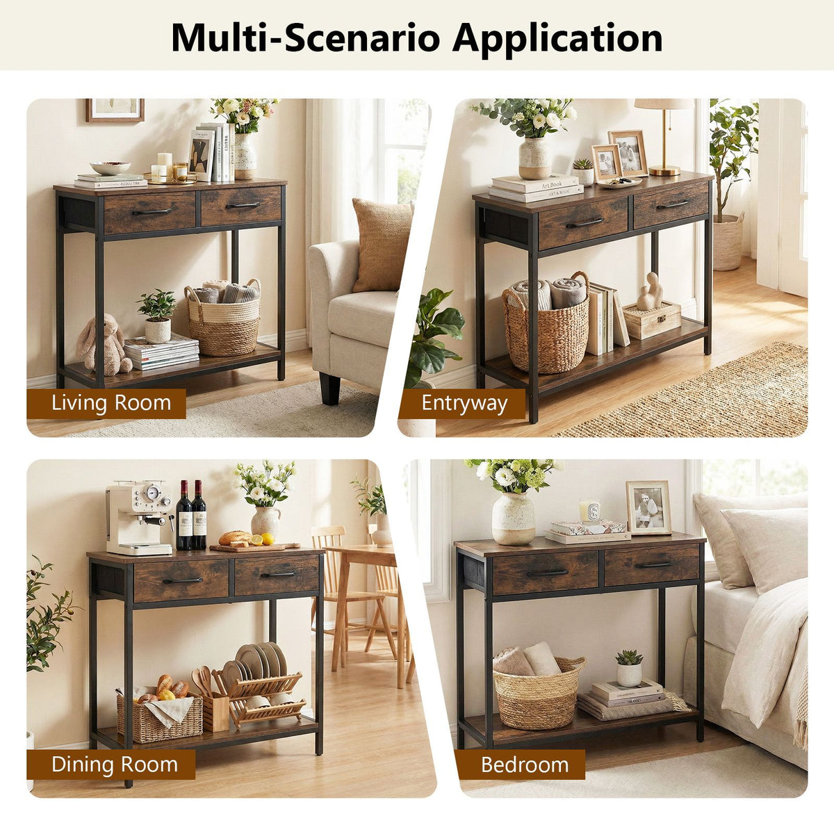 75CM Narrow Table with 2 Fabric Drawers and Open Compartment Metal Frame