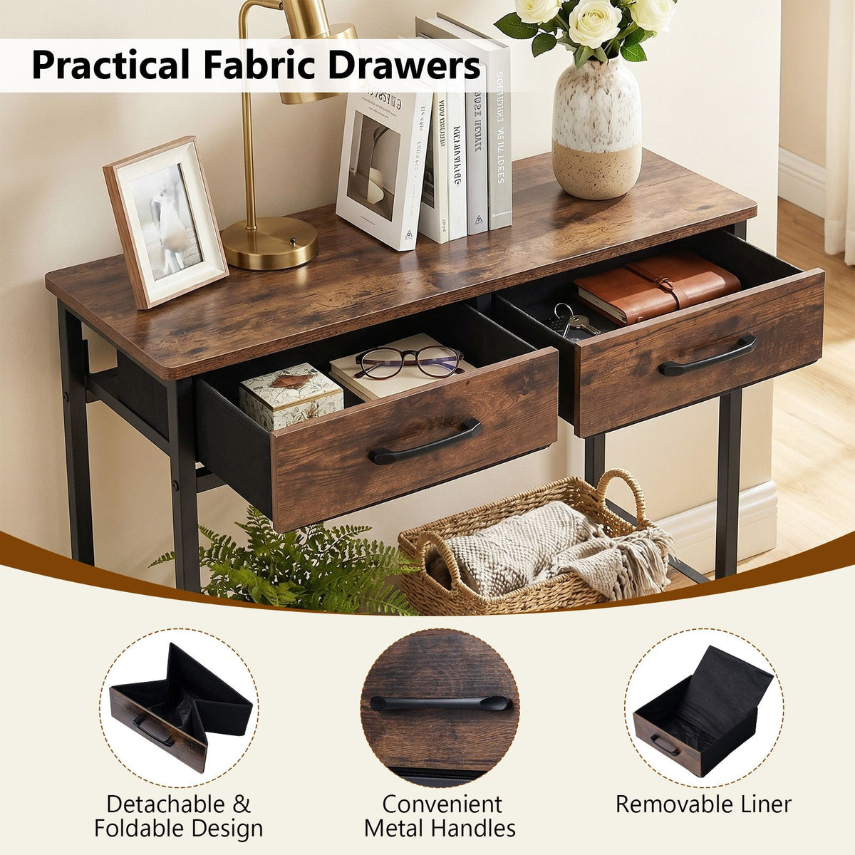 75CM Narrow Table with 2 Fabric Drawers and Open Compartment Metal Frame