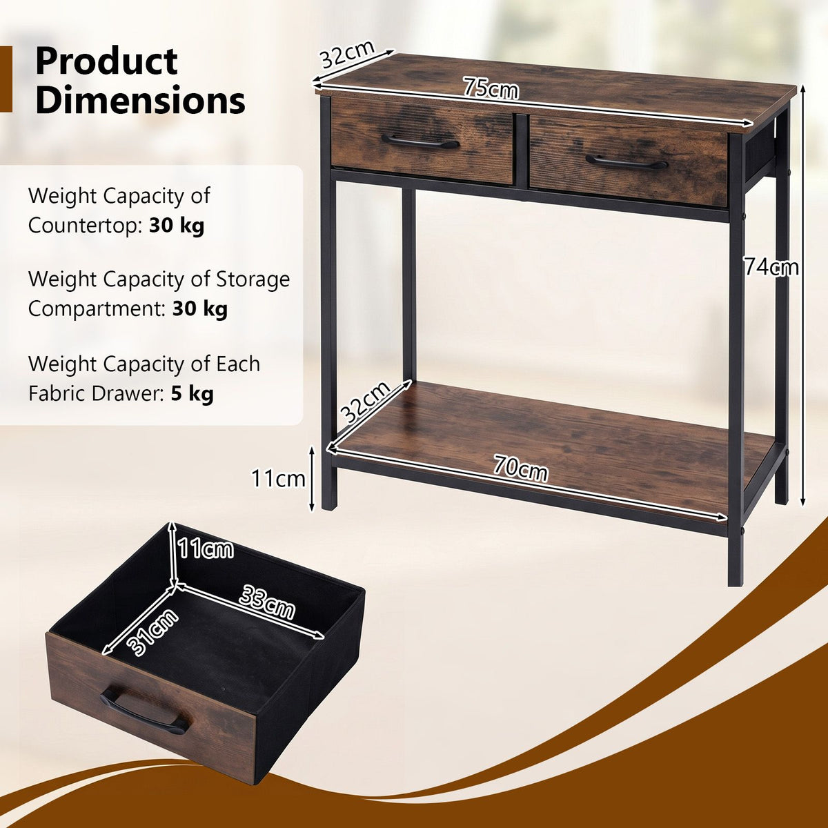 75CM Narrow Table with 2 Fabric Drawers and Open Compartment Metal Frame