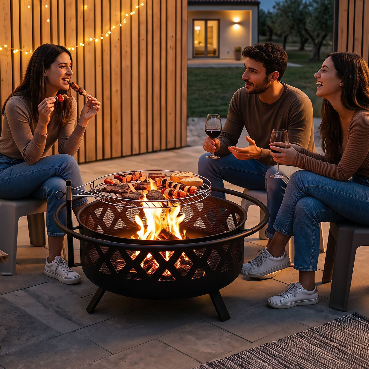 Outdoor Fire Pit with Adjustable and Rotatable Grill Grate