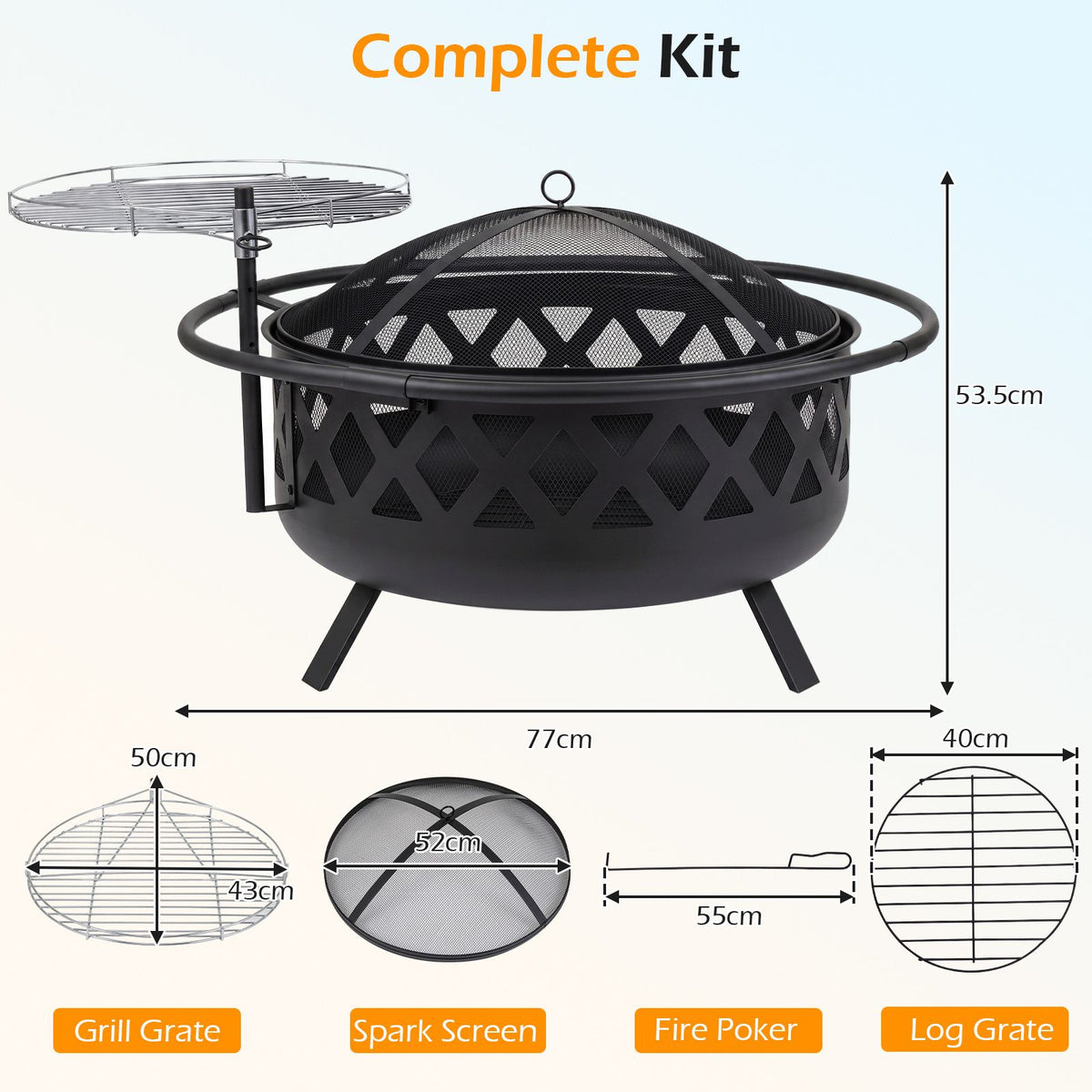 Outdoor Fire Pit with Adjustable and Rotatable Grill Grate