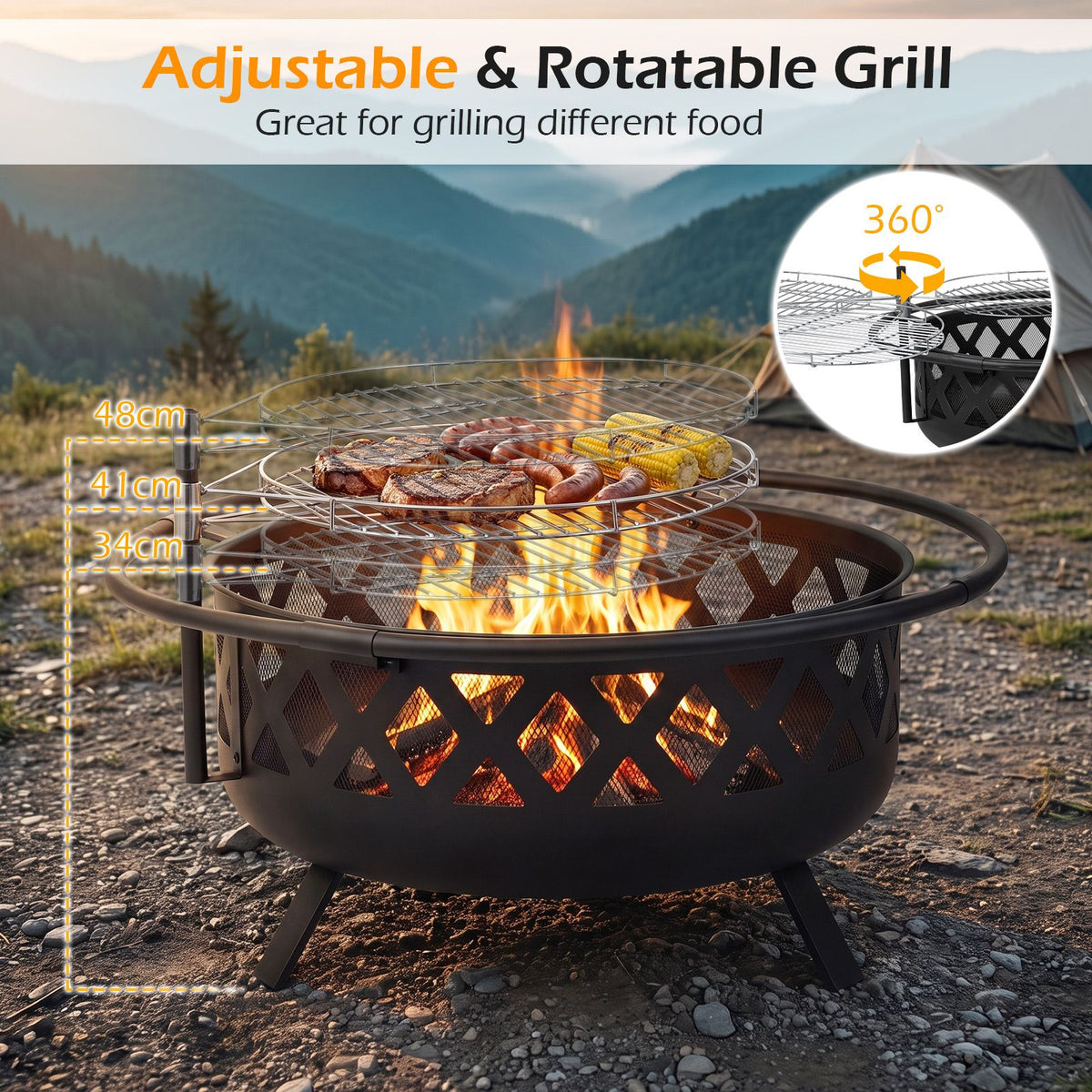 Outdoor Fire Pit with Adjustable and Rotatable Grill Grate