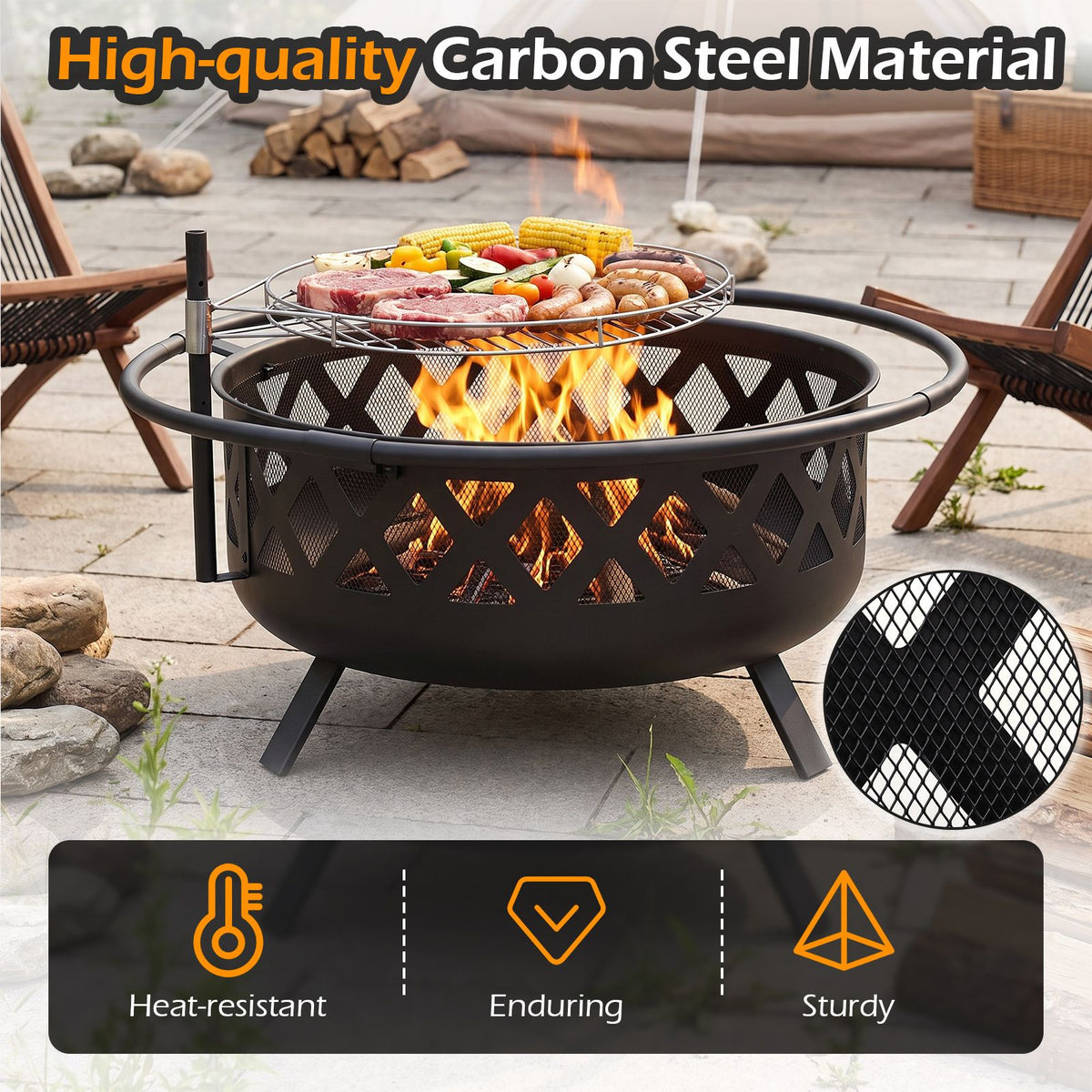 Outdoor Fire Pit with Adjustable and Rotatable Grill Grate