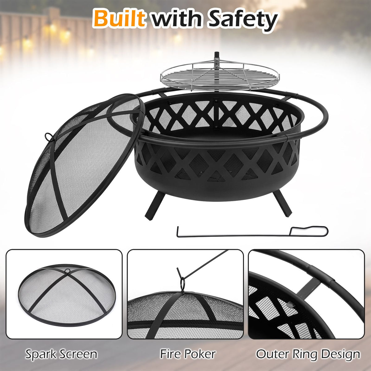 Outdoor Fire Pit with Adjustable and Rotatable Grill Grate
