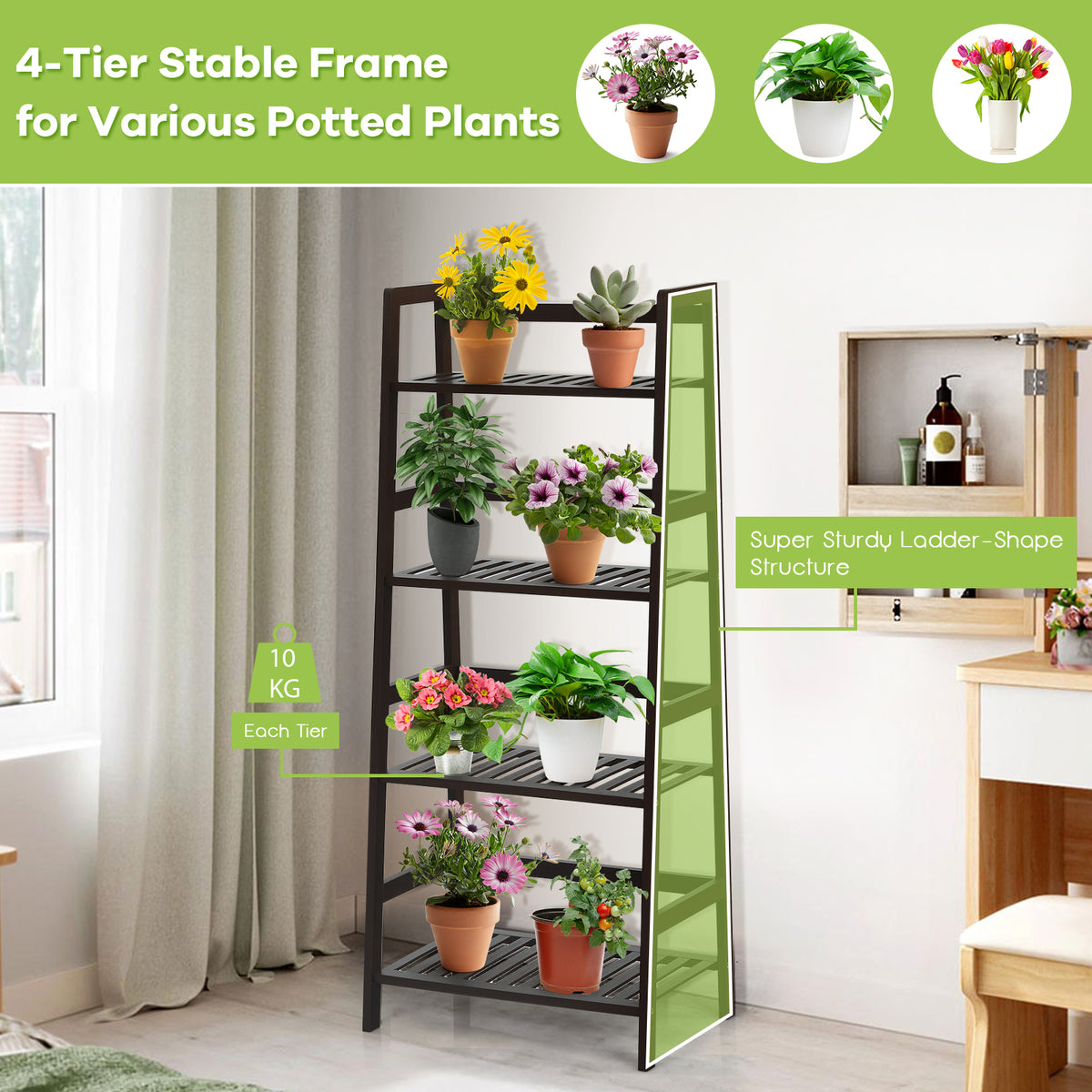 Freestanding 4-Tier Bamboo Plant Rack with Guardrails