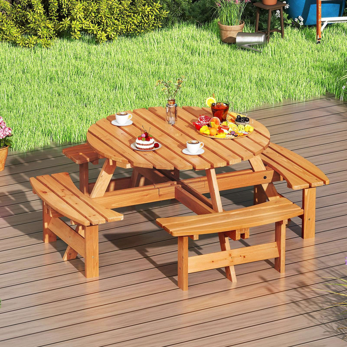 Round Picnic Table Set Patio Dining Camping Table w/ Built-in 4 Benches