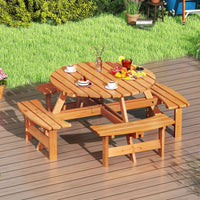 Round Picnic Table Set Patio Dining Camping Table w/ Built-in 4 Benches