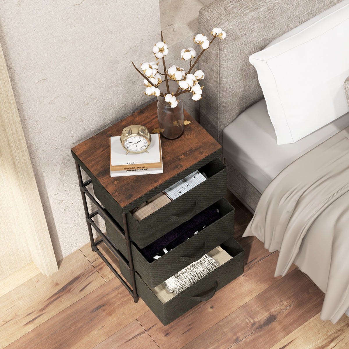 3-Tier Fabric Dresser Fabric Nightstand w/ 3 Drawers Storage Dresser for Bedroom