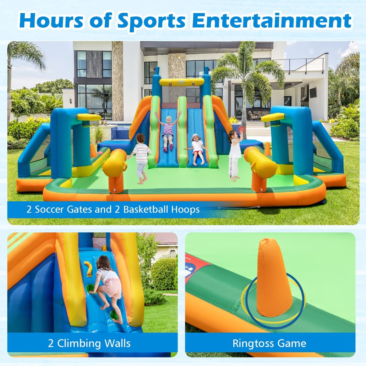 Inflatable Water Slide Water Park with 2 Long Slides and Soccer Gates (Without Blower)