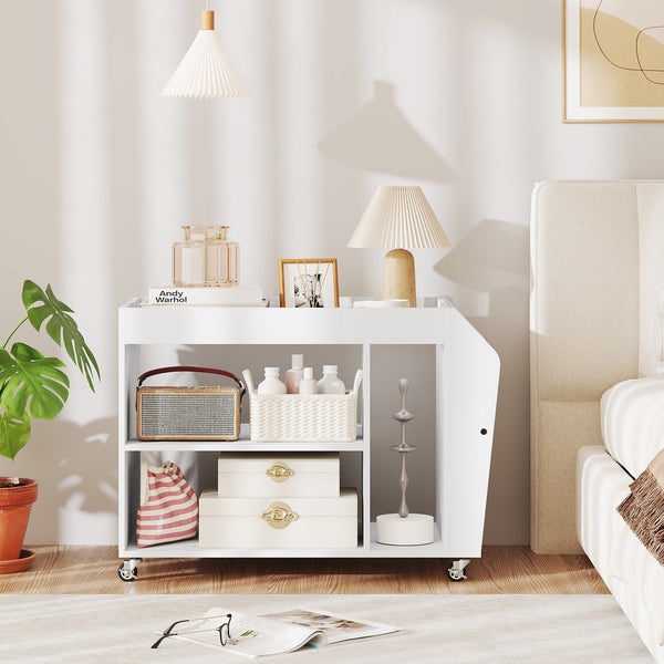 Side End Table 3-Tier Bookshelf with Universal Wheels Wooden Storage Rack