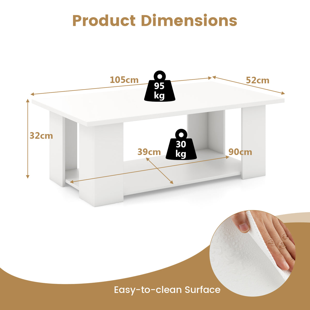 Giantex Modern Coffee Table w/Storage Shelf, Large 2-Tier Wooden Tea Table w/Open Shelf, White