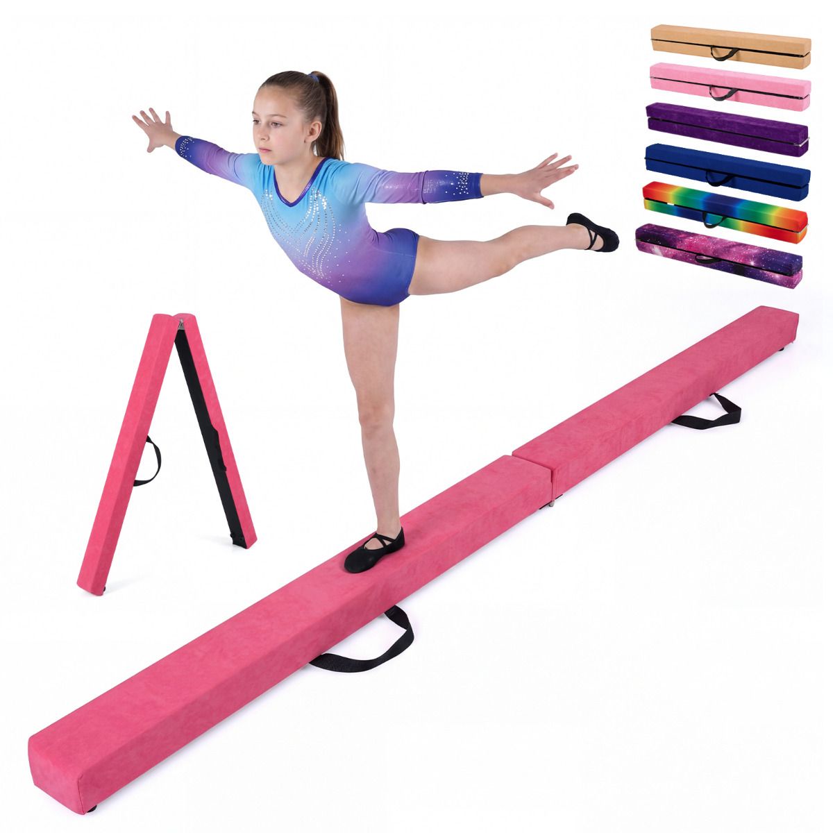 209cm Folding Balance Beam, Portable Gymnastic Beam w/Solid Wood Base & Anti-Slip Bottom