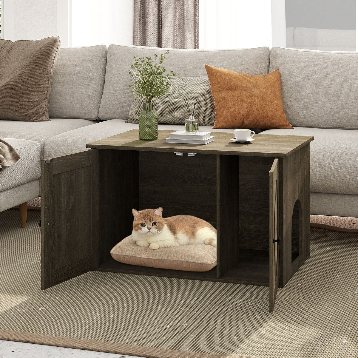 80 x 53 x 50 CM Wooden Indoor Cat House with Divider and Kitten Washroom for Living Room