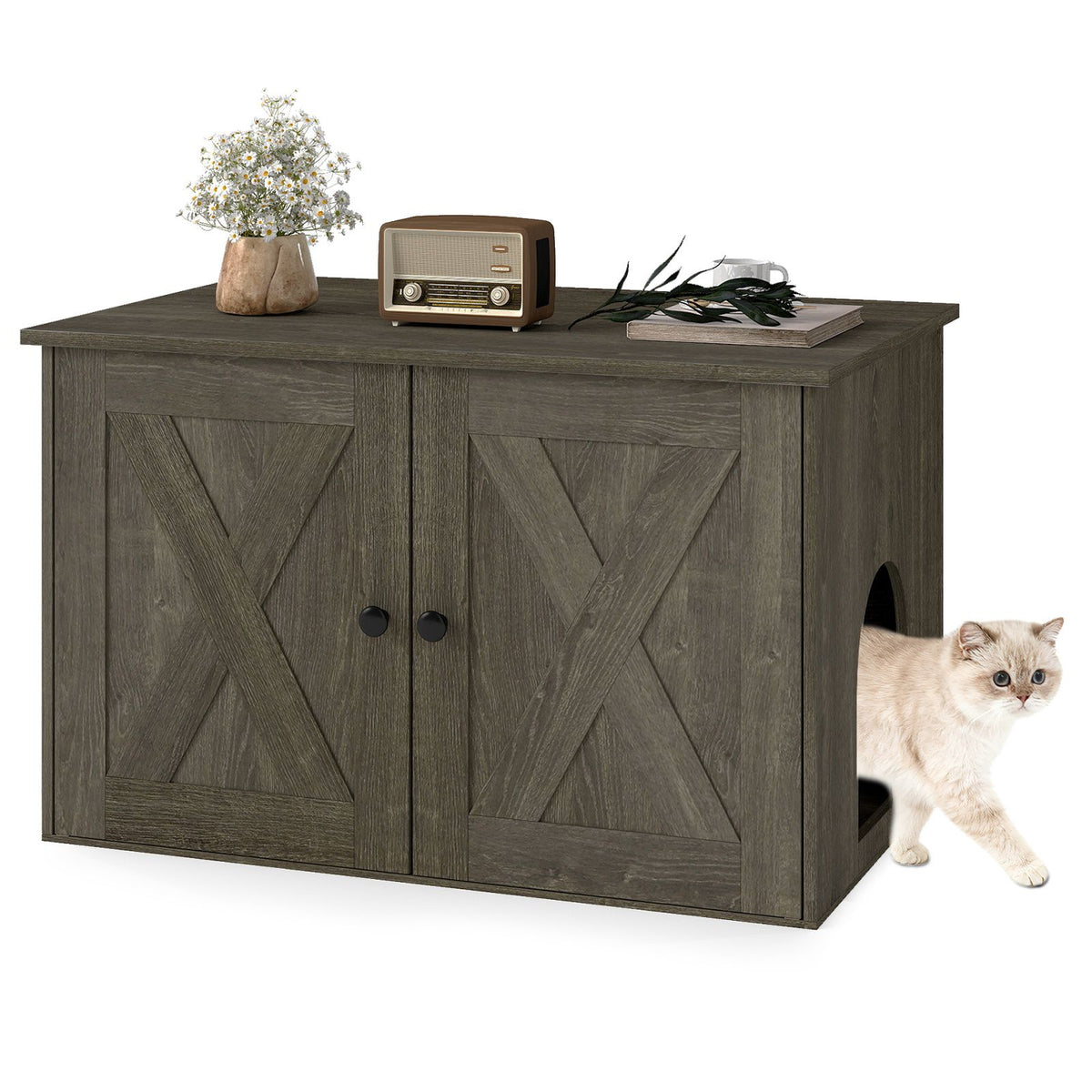 80 x 53 x 50 CM Wooden Indoor Cat House with Divider and Kitten Washroom for Living Room