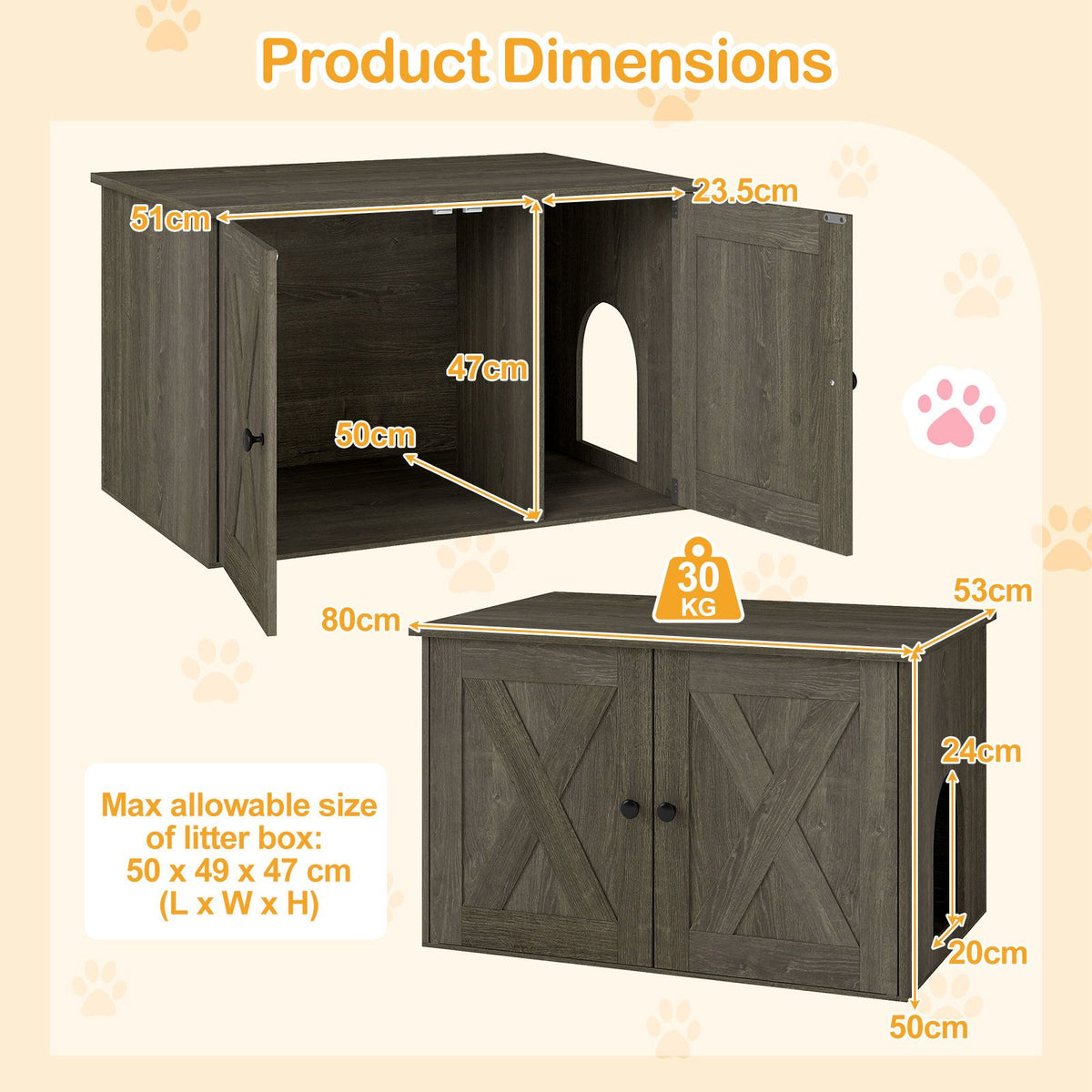 80 x 53 x 50 CM Wooden Indoor Cat House with Divider and Kitten Washroom for Living Room