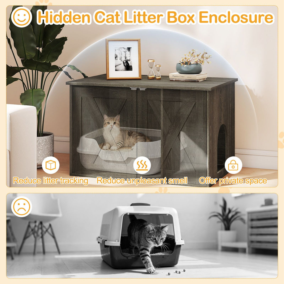 80 x 53 x 50 CM Wooden Indoor Cat House with Divider and Kitten Washroom for Living Room