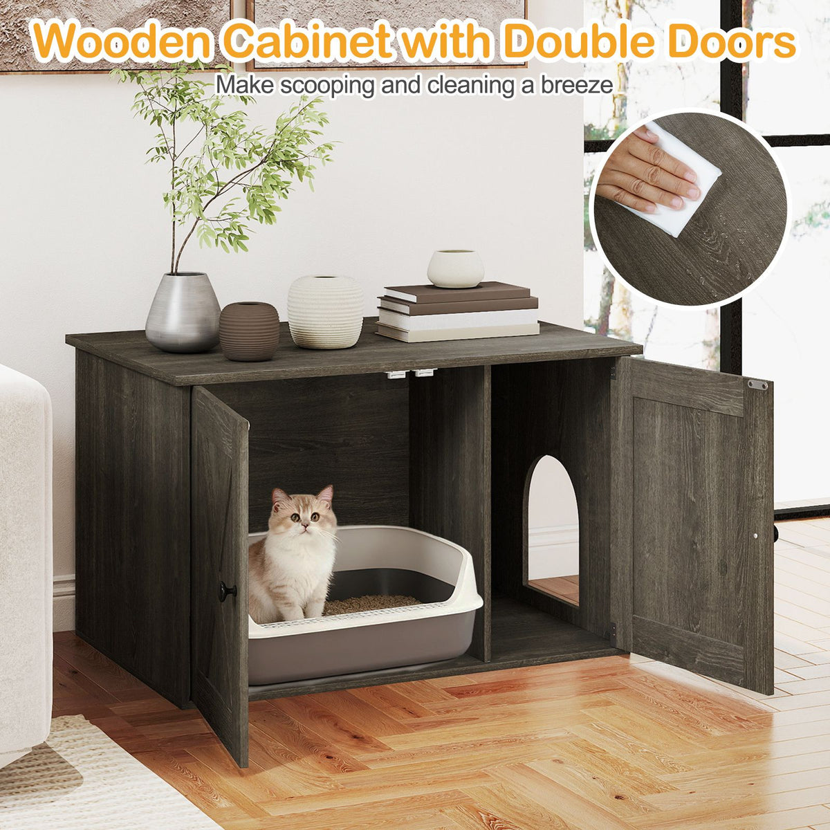 80 x 53 x 50 CM Wooden Indoor Cat House with Divider and Kitten Washroom for Living Room