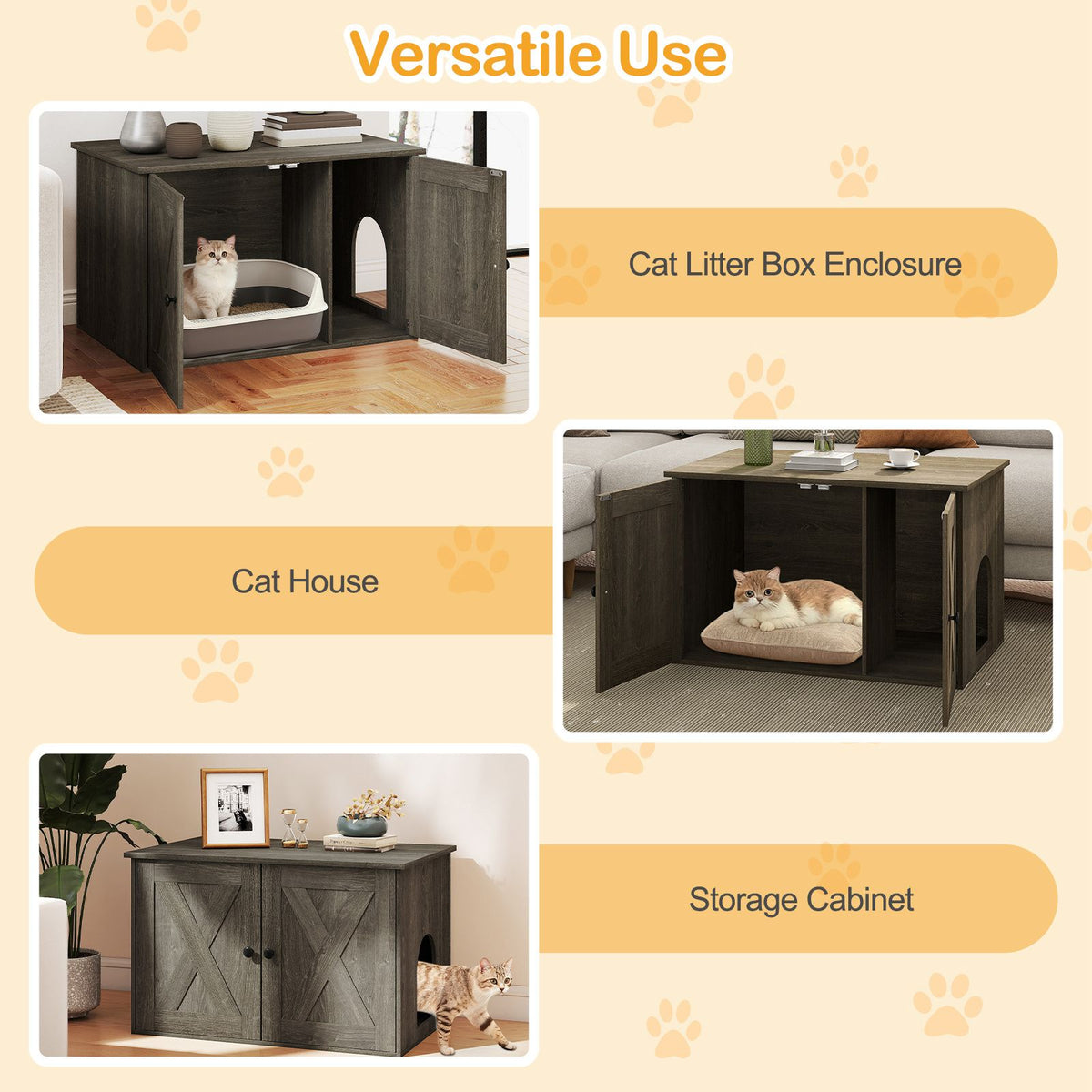 80 x 53 x 50 CM Wooden Indoor Cat House with Divider and Kitten Washroom for Living Room