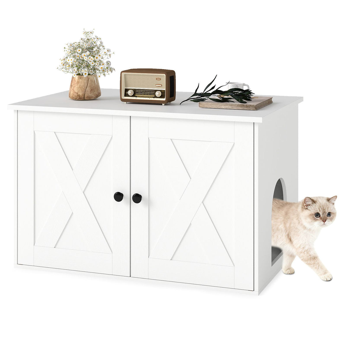 80 x 53 x 50 CM Wooden Indoor Cat House with Divider and Kitten Washroom for Living Room