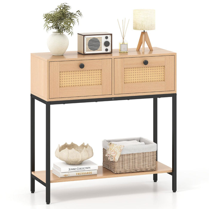 80 cm Boho Console Table 2-Tier Modern Narrow Entryway Table with 2 Drawers and Bottom Shelf