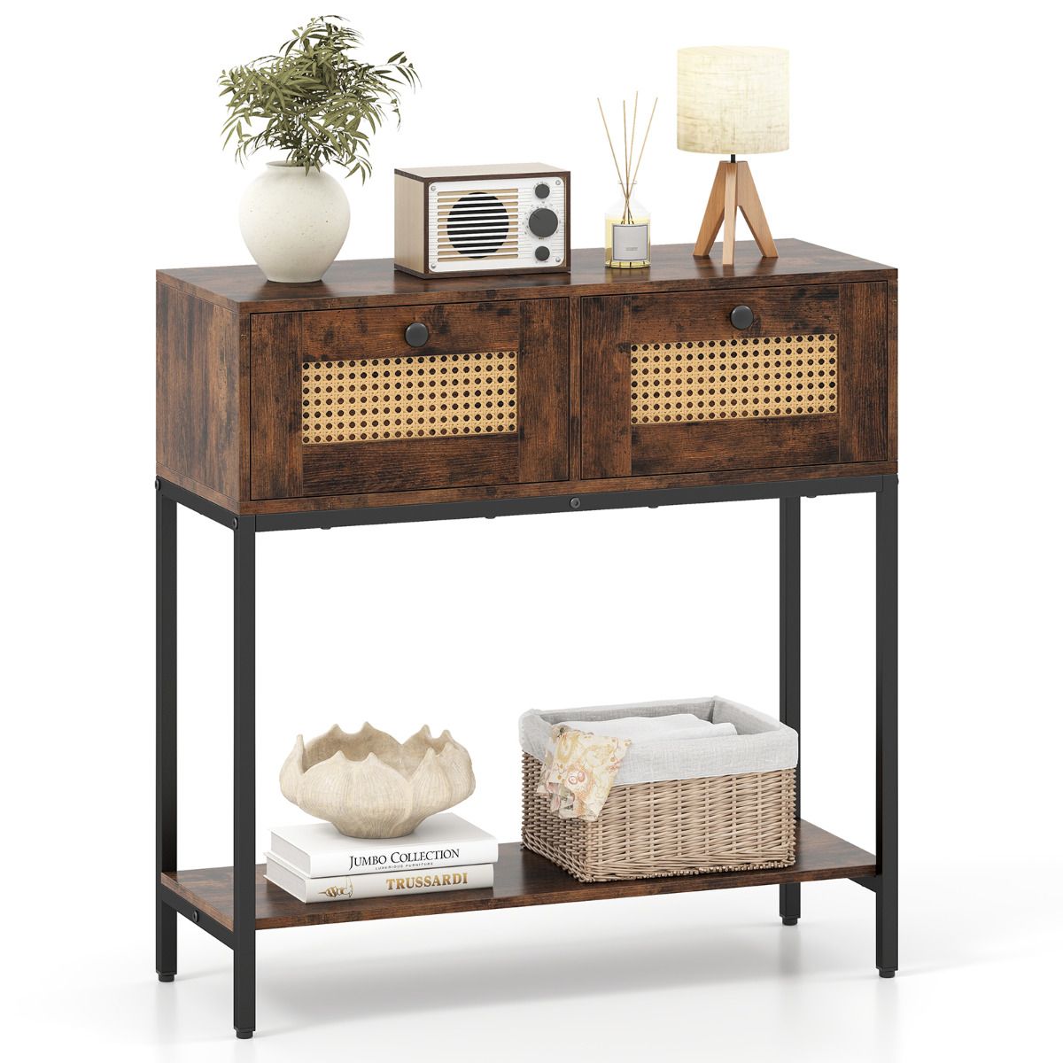80 cm Boho Console Table 2-Tier Modern Narrow Entryway Table with 2 Drawers and Bottom Shelf