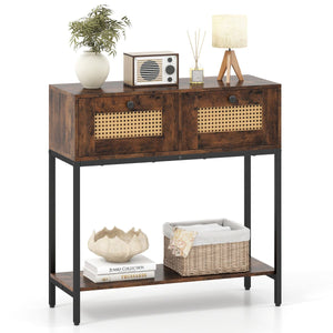 80 cm Boho Console Table 2-Tier Modern Narrow Entryway Table with 2 Drawers and Bottom Shelf