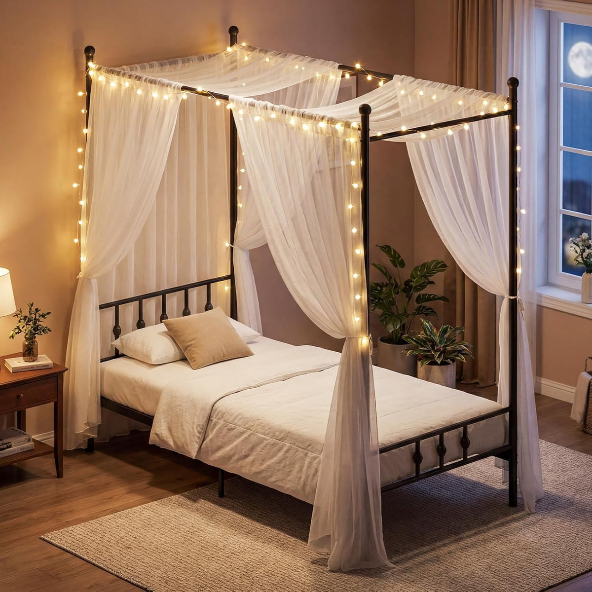 Canopy Bed Frame Modern 4-Poster Platform Bed with Headboard and Under-bed Storage