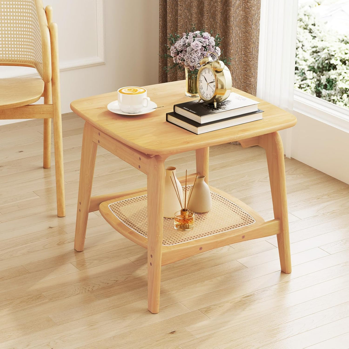 Bamboo Sofa Side Table with Faux Rattan Storage Shelf