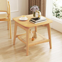 Bamboo Sofa Side Table with Faux Rattan Storage Shelf