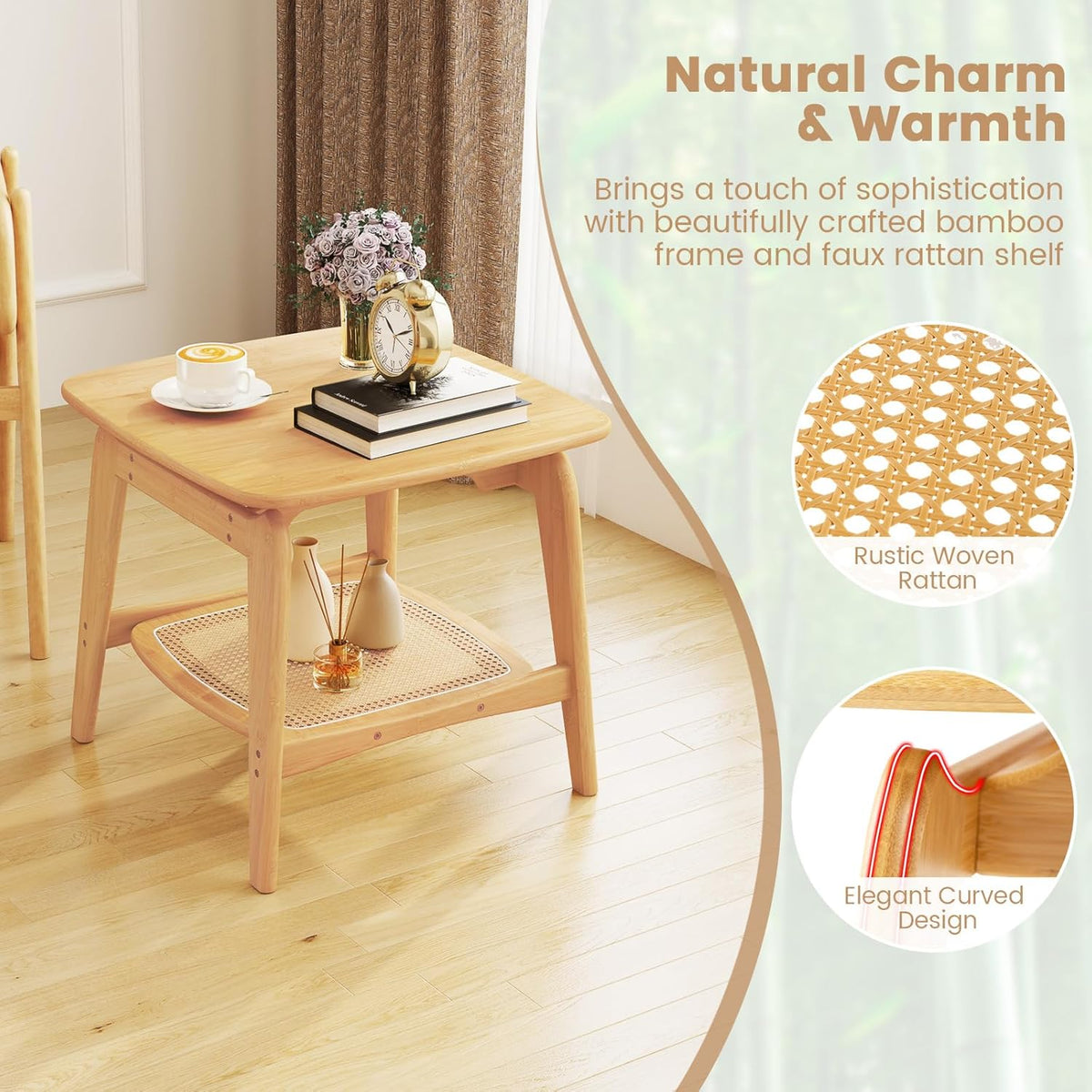 Bamboo Sofa Side Table with Faux Rattan Storage Shelf
