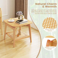 Bamboo Sofa Side Table with Faux Rattan Storage Shelf