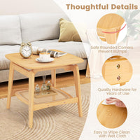 Bamboo Sofa Side Table with Faux Rattan Storage Shelf