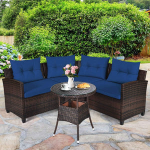 4-Piece Patio Furniture Set, Outdoor Rattan Wicker Sofa & Tempered Glass Coffee Table Set