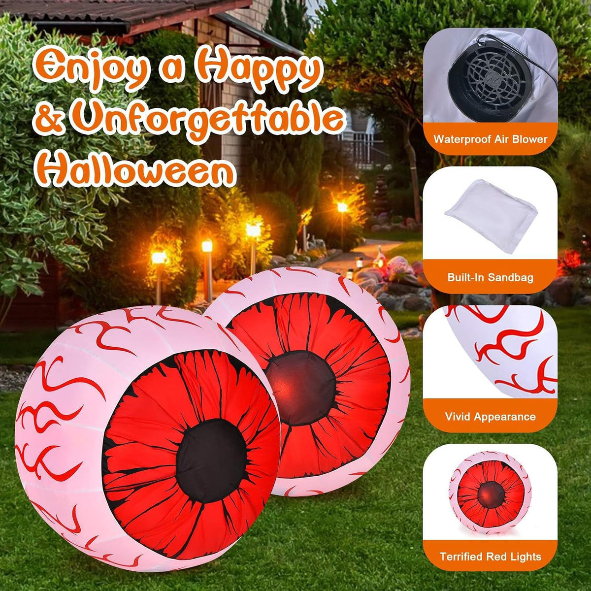 Giantex 2 Pack 0.9 M Halloween Inflatable Eyeballs with Air Blower Red LED Lights